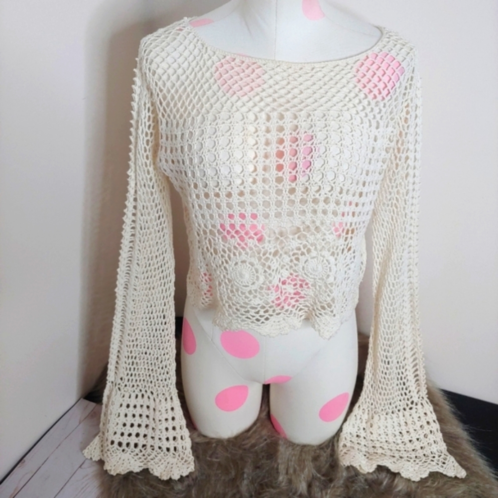 Divided H&M • Boho Cotton Cream Ivory Crop Top Crochet Long Bell Sleeve Medium - Picture 2 of 16